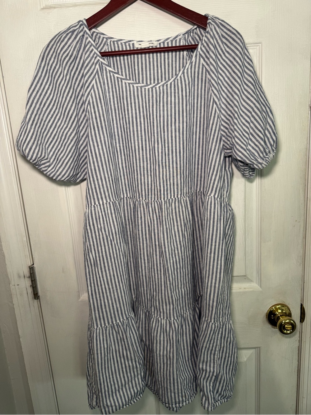 beachlunchlounge Blue and White Striped Puff Sleeve Dress